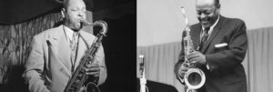 Montage de deux photos : Coleman Hawkins et Ben Webster jouant chacun leur saxophone tenor. Photo du site de vente de vinyles jazz Everythingjazz.